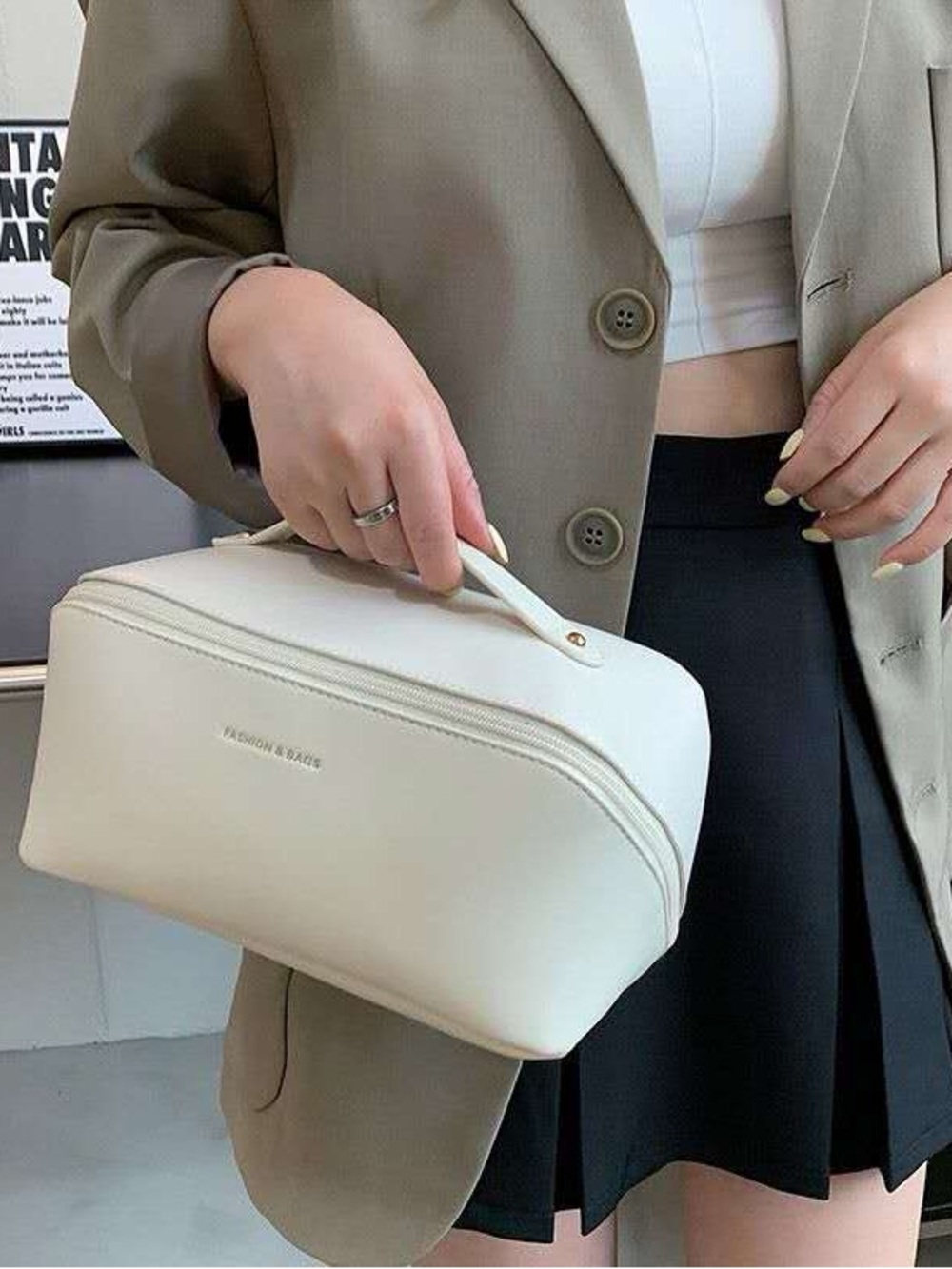 Cream Top-Handle Cosmetic Bag